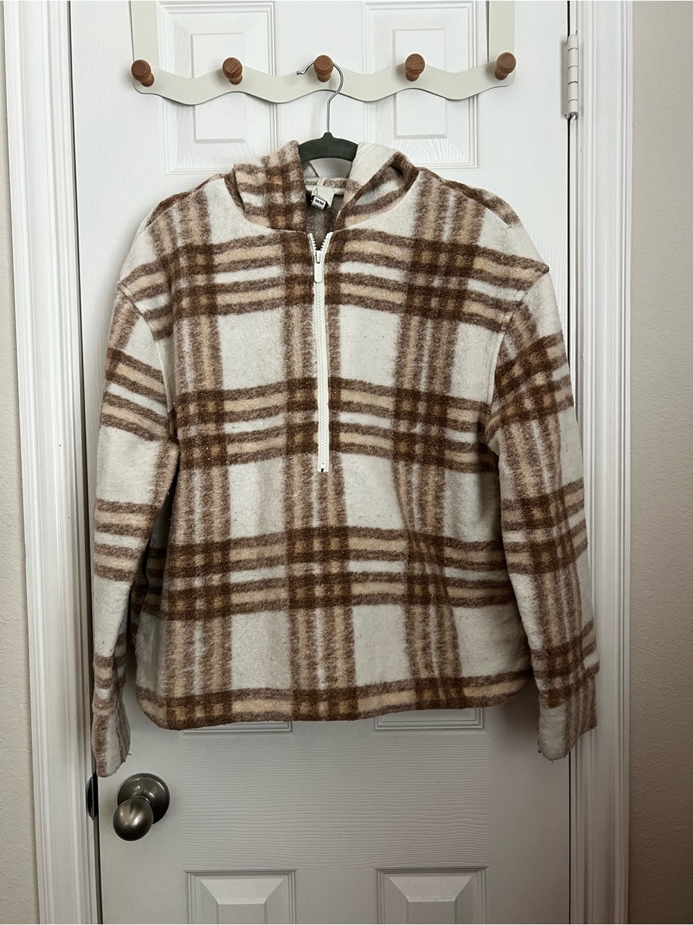 Joie Cream & Taupe Plaid Hooded Half-Zip Pullover